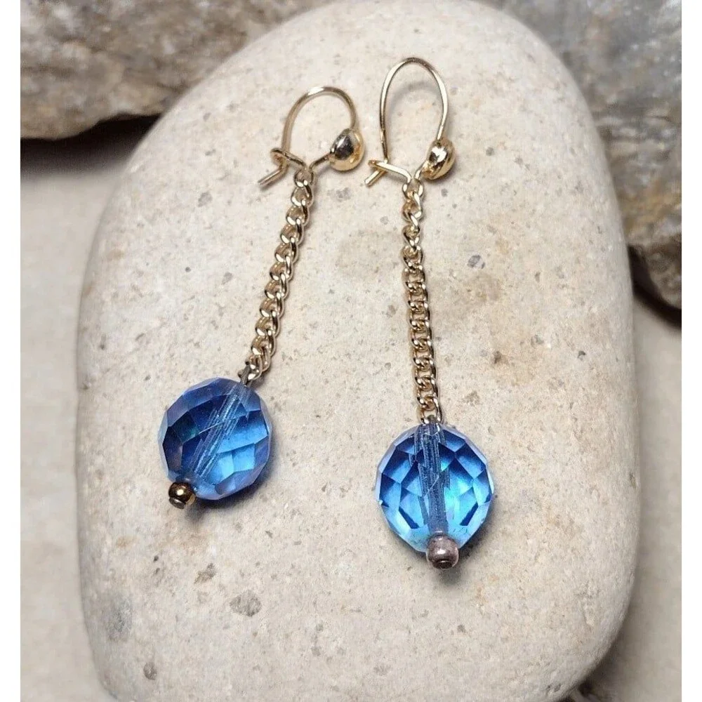 Blue Crystal Bead Gold Plated Chain Drop Dangle Earrings